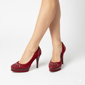 Stuart Weitzman Dark Red Suede Studded Platform Pumps High Heel Round Toe Size 7